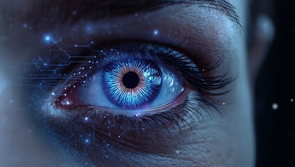 Close up of a human eye with digital circuit patterns and glowing particles overlayed on the image