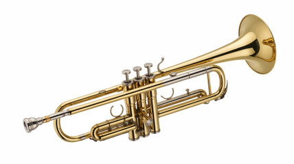 Obraz premium A beautiful golden brass trumpet, a classical orchestral wind instrument for jazz and symphony music, isolated on a clean white background.