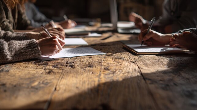 People are gathered around a rustic wooden table, intently writing or drawing on paper, illuminated by natural light creating shadows and a collaborative atmosphere.