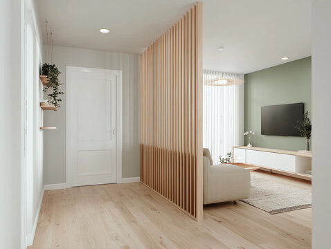 Dise&ntilde;o de interiores moderno con estructura divisoria de madera, sala de estar luminosa con televisor de pantalla plana, muebles minimalistas. Separador de ambiente recortable madera roble l&aacute;mina