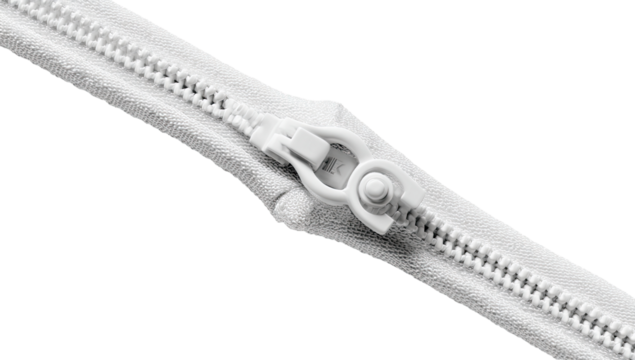 Close-up of a white zipper.  Zipper teeth and slider are visible.  A section of the zipper is in focus