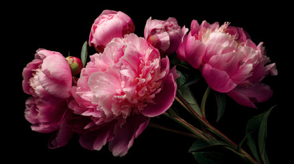 Obraz premium Close-up of pink peonies against black background, vintage floral decoration in baroque style