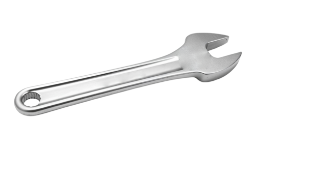 Silver Adjustable Wrench with White Handle – High-Angle Open-End Hand Tool isolated on transparent background