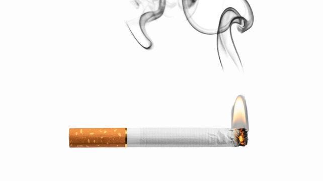 Conceptual image of a burning cigarette representing addiction, habit, and health risks, isolated on a white background with copy space.