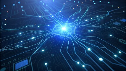 Dynamic blue circuit board glows with digital energy and data flow