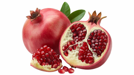 Ripe red pomegranate fruit with a cross-section showing juicy seeds and a small piece, garnished with leaves, isolated on a white background.