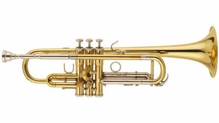 A beautifully detailed vector illustration of a classic golden trumpet. This shiny brass wind musical instrument is isolated on a white background, perfect for music concepts.