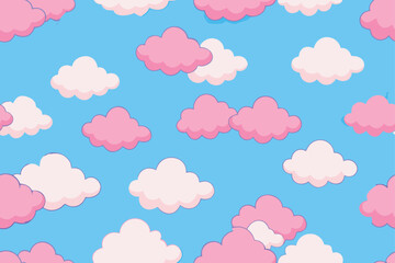 A bright, seamless cartoon cloud pattern with various symbols set against a blue sky for a fun weather illustration