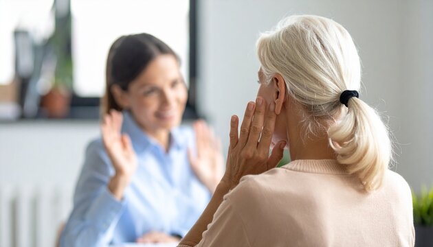 Two women communicating in sign language in a friendly discussion, concept of deaf inclusion and accessibility