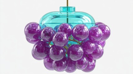 Stylized 3D grape cluster with glossy violet hues and cyan fermentation tank schematic