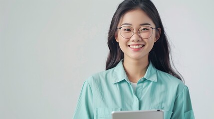 Image of young asian woman, company worker in glasses, smiling and holding digital tablet, standing over white background.