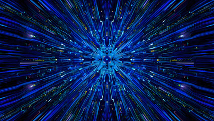 Abstract blue digital network explosion of light and circuits