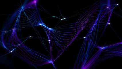 Obraz premium Abstract glowing purple and blue light strands with small white lights