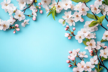 Obraz premium A beautiful cluster of white spring blossoms and green leaves gracefully arranged on a light blue background. 