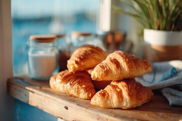 Freshly Baked Croissants on Wooden Table with Natural Light and Soft Background, Perfect for Breakfast or Bakery Advertising in Cozy Atmosphere