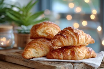 Freshly Baked Croissants on Wooden Table Surrounded by Soft Warm Lights and Greenery, Perfect for a Cozy Bakery or Breakfast Setting
