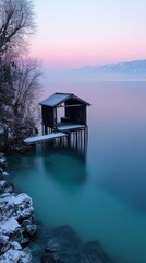 Fototapeta premium Tranquil Winter Scene of a Wooden Boat House on Still Water at Dawn with Soft Pastel Skies and Snow-Covered Shoreline