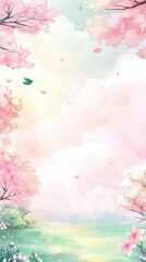 Serene Landscape with Pink Blossoms and Gentle Sunlight in Tranquil Nature Scene