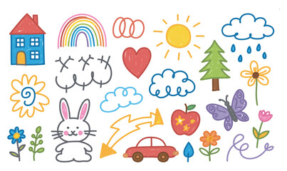 Vector art of a cheerful drawing with a house, rainbow, heart, sun, clouds, tree, flowers, apple, butterfly, rain, car, lightning, and bunny isolated on white background