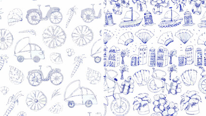 Fototapeta premium Illustration showing a pattern of vehicles, buildings, and plants in a blue and white color scheme silhouette