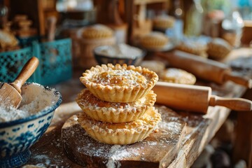 Freshly Baked Miniature Pies Stacked on Wooden Cutting Board Surrounded by Baking Ingredients and Rustic Kitchenware in Cozy Setting