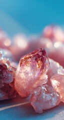 Close-up of clusters of pink and amethyst crystals. Soft light highlights facets