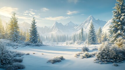 Winter Landscape with Snow Covered Trees and Distant Mountains