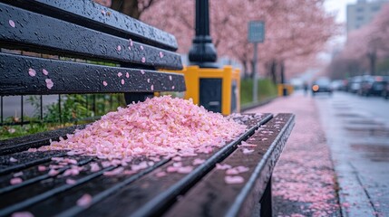 Gently layered cherry blossom petals piled on a weathered wooden bench in springtime