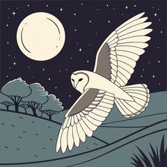 Graceful barn owl gliding silently under the moonlight with wings outstretched, capturing the mystery and beauty of nocturnal wildlife.