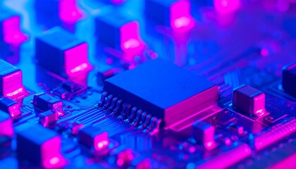 Close-up electronic circuit board in vibrant hues