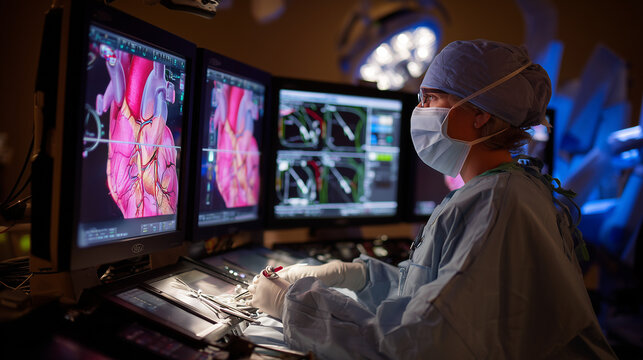 A surgeon performing a minimally invasive heart procedure using a Da Vinci surgical robot console. - Powered by Adobe