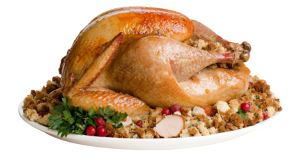 A beautifully roasted turkey served on a platter with stuffing and garnished with herbs and cranberries.