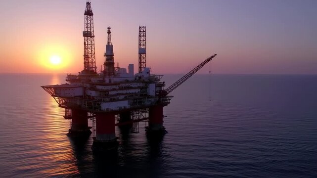 Dynamic Aerial Orbit of a Massive Offshore Oil Rig Silhouetted by a Vibrant Ocean Sunset