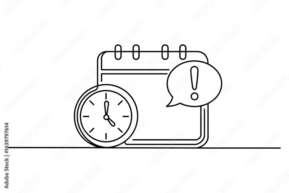 Poster one line drawing of alarm clock with speech bubble – minimal reminder vector illustration