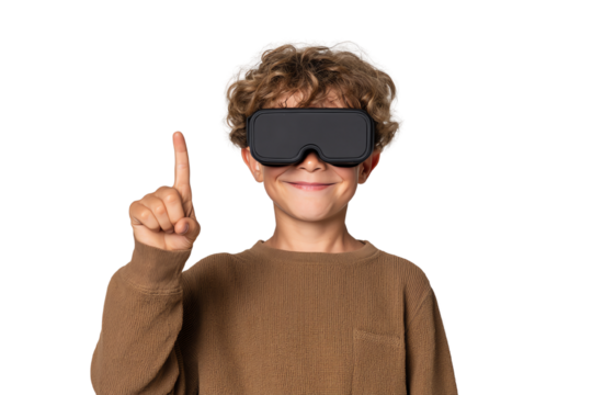 A young boy wearing virtual reality goggles shows excitement with a raised finger. Isolated on a white background.