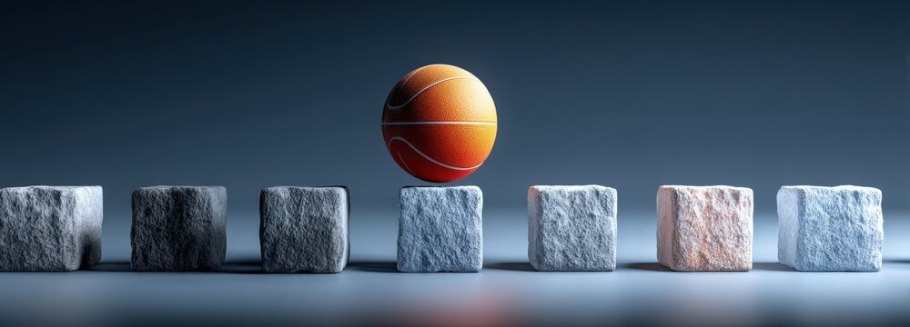 Orange basketball hovers over gray date cubes on a blue background in Toronto