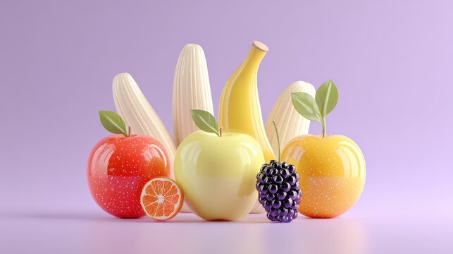 Minimalistic 3D sculptural fruit figures on a soft purple background