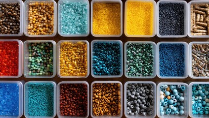 Colorful beads in small containers
