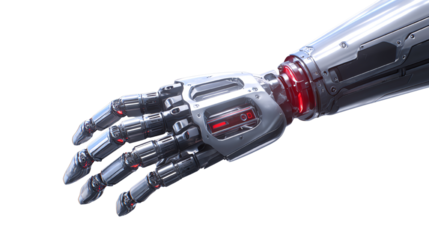 Futuristic robotic hand with intricate details and glowing elements. Isolated on a white background.