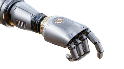 Futuristic robotic hand with intricate design and mechanical features, isolated on a white background.