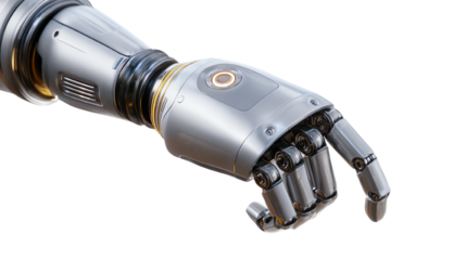 Futuristic robotic hand with intricate design and mechanical features, isolated on a white background.