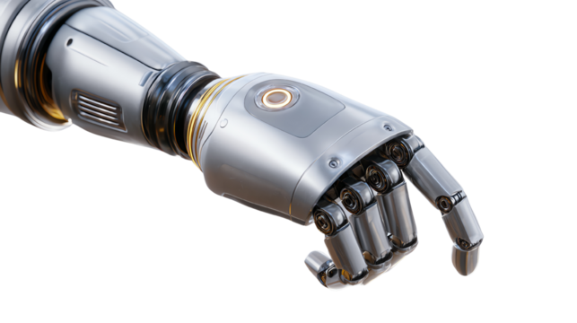 Futuristic robotic hand with intricate design and mechanical features, isolated on a white background.