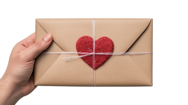 Hand holding a gift-wrapped package adorned with a felt heart, symbolizing love and care.