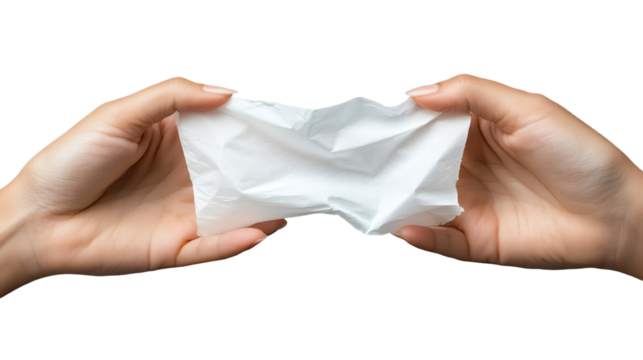 Hands holding a crumpled piece of paper, symbolizing frustration or creativity.