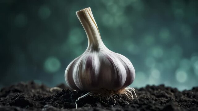 Garlic bulb in dark soil