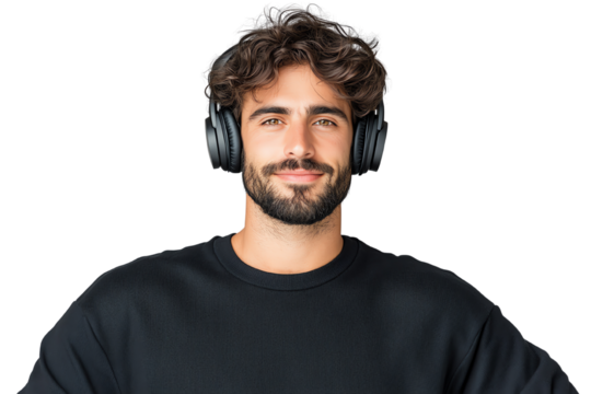 Smiling young man with curly hair wearing headphones, showcasing a relaxed and modern lifestyle.