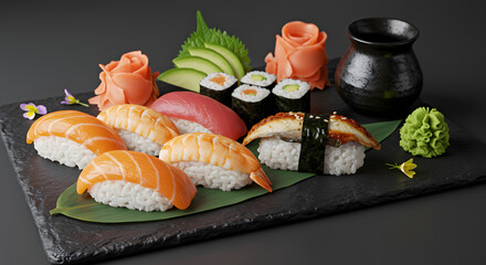 Gourmet sushi set showcasing Japanese culinary artistry. An assortment of fresh nigiri and maki rolls on a dark slate platter.