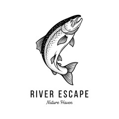 Obraz premium Detailed Black and White Illustration of a Leaping Salmon Fish.