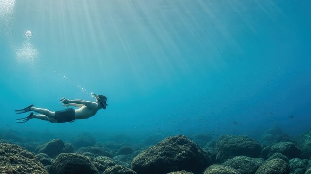 Man swimming close to the seafloor on the left side of the frame, volcanic rocks below, with soft light filling the open space on the right, cinematic underwater view.