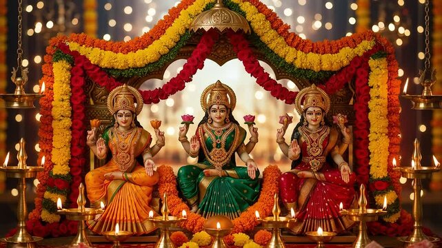 Ornate Hindu Goddess Idols in Vibrant Traditional Attire Displayed with Lit Candles and Garland Decorations for Spiritual Celebration